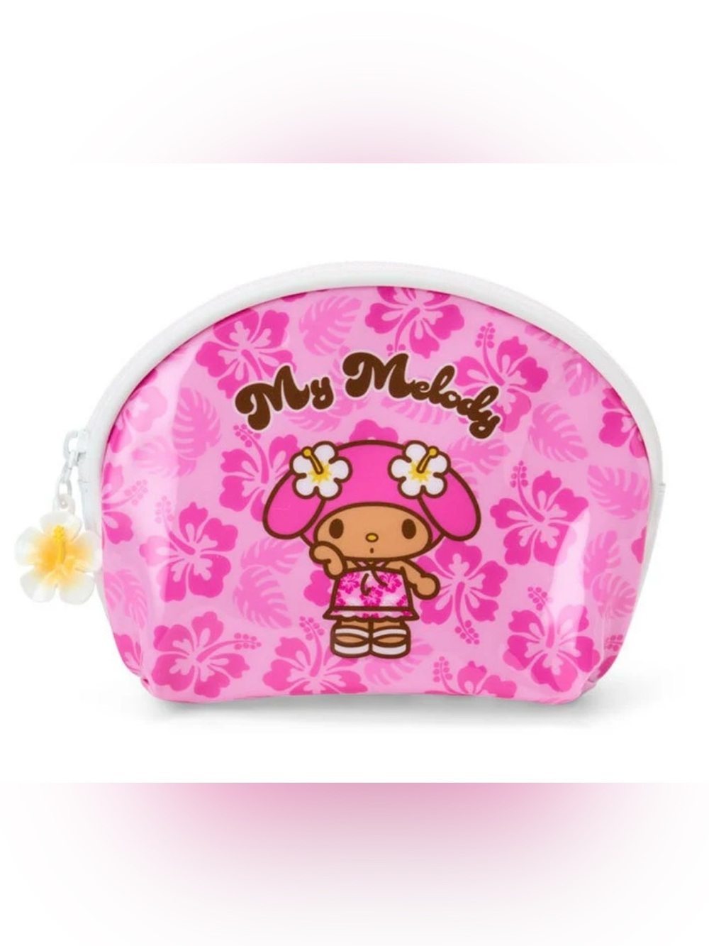 My Melody Pink Small Zipper Pouch Suntan Series w Hibiscus Plumeria Details NWT